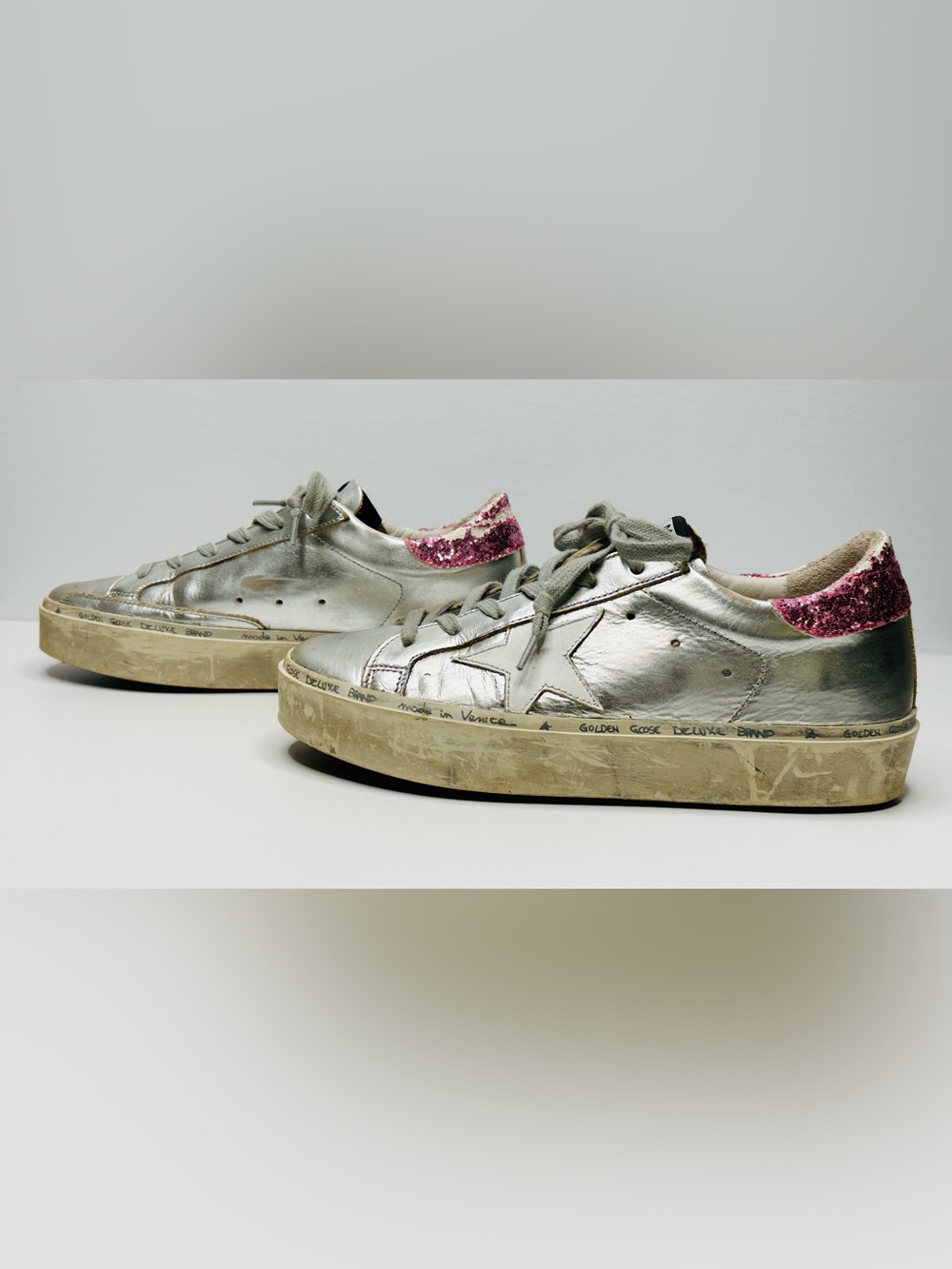 Golden Goose Hi Star Silver Leather Pink Glitter Heel Low Top Sneakers Shoes - Picture 5 of 14